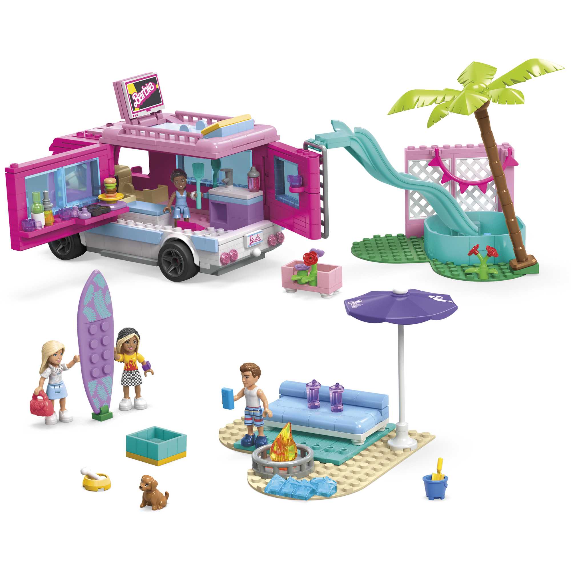 MEGA Barbie Dream Camper Adventure Building Kit Playset With 4 Micro-Dolls (580 Pieces)