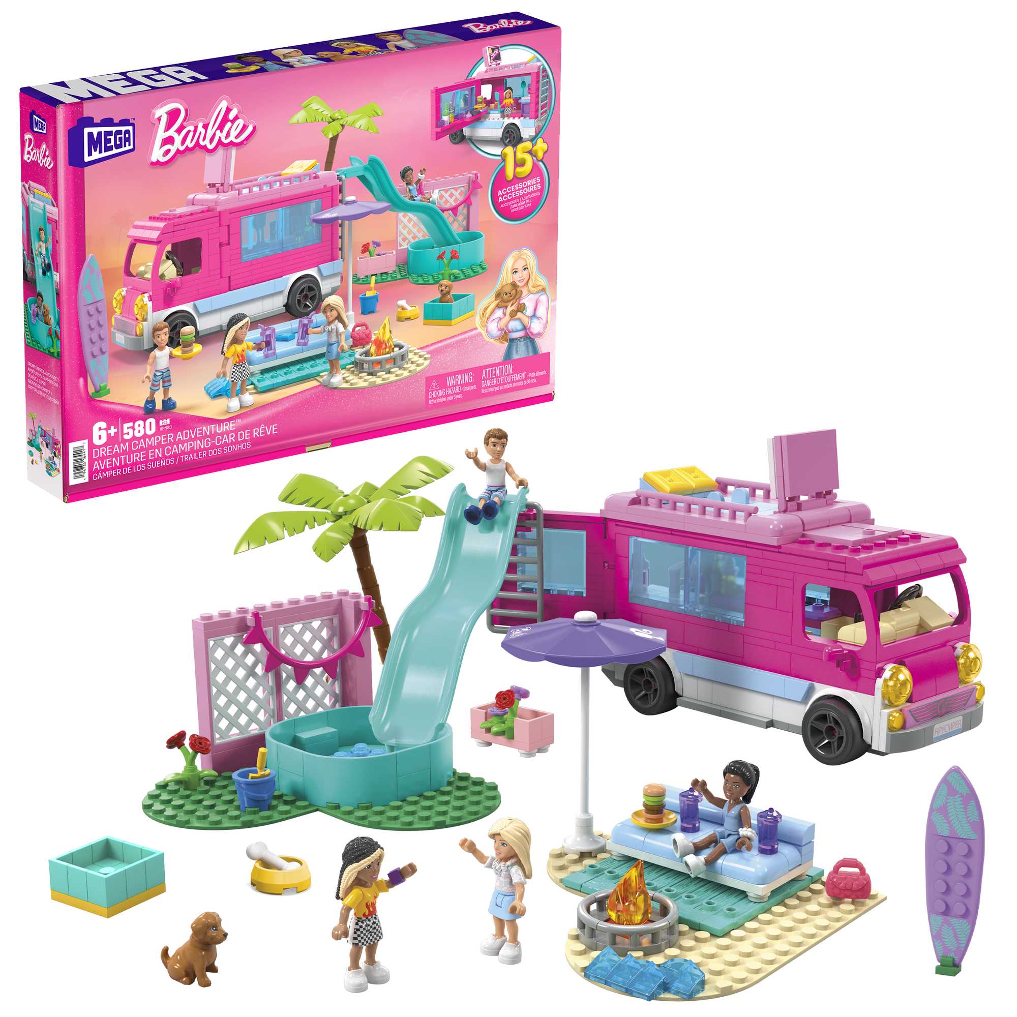 MEGA Barbie Dream Camper Adventure Building Kit Playset With 4 Micro-Dolls (580 Pieces)