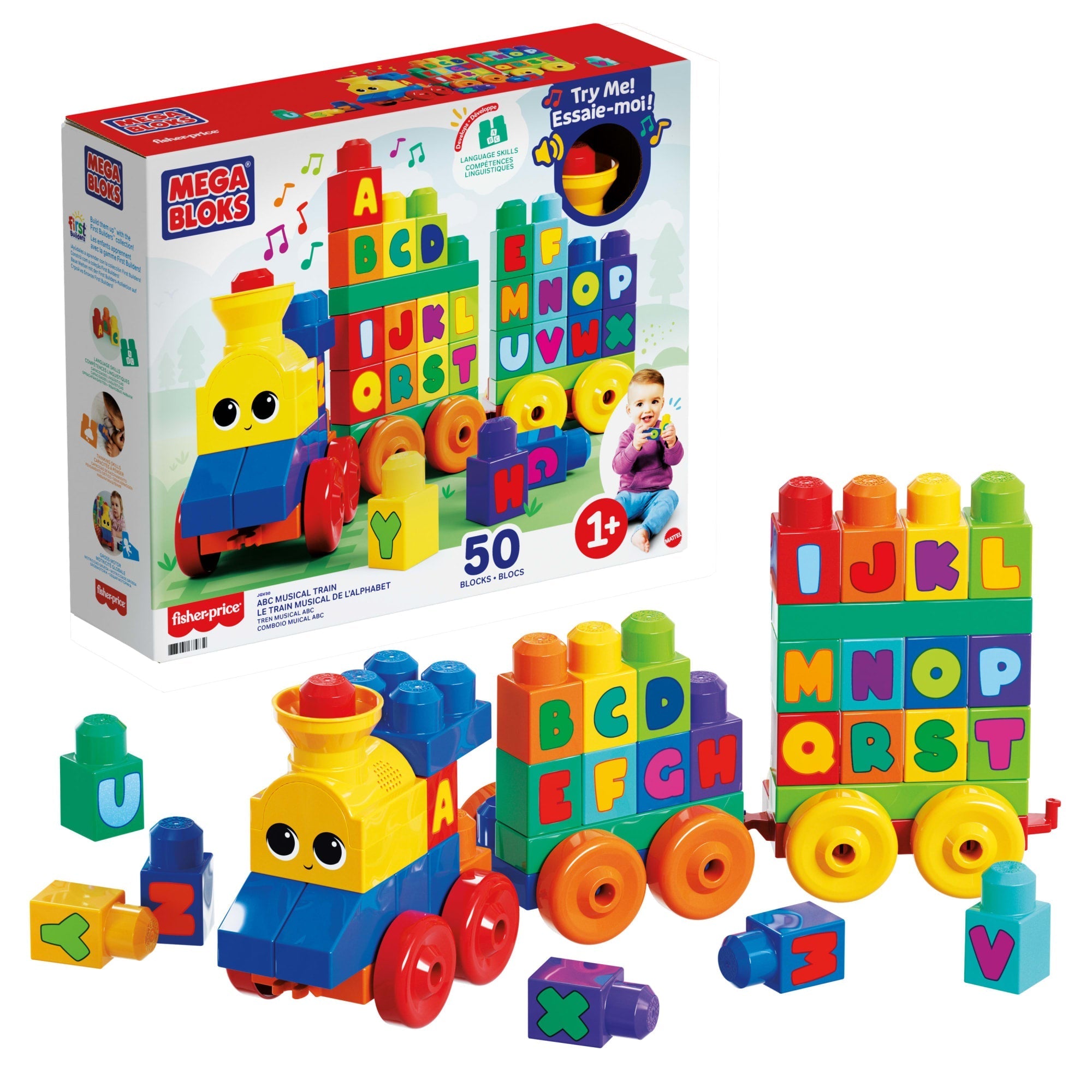 First Builders ABC Musical Train Toy Building Blocks With Music (50 Pieces) For Toddler