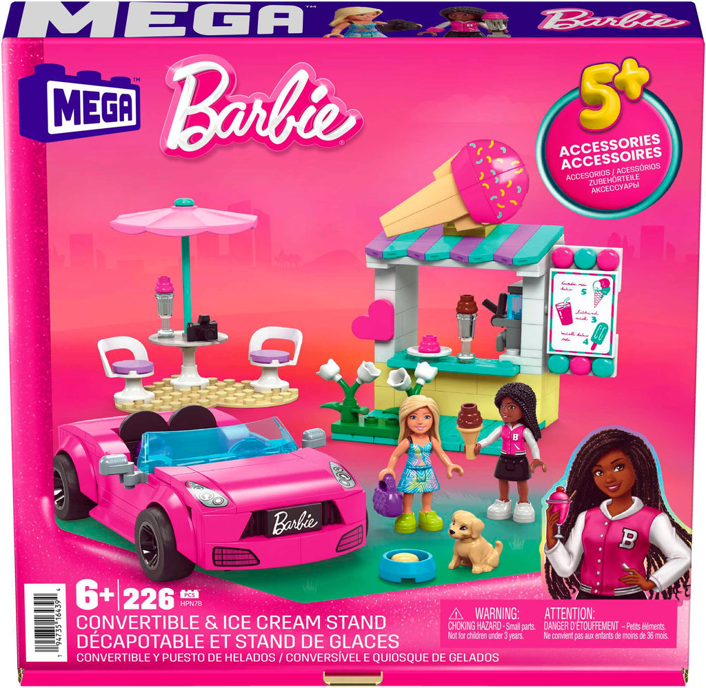 MEGA Barbie Convertible & Ice Cream Stand Building Toy Kit With 2 Micro-Dolls (225 Pieces)